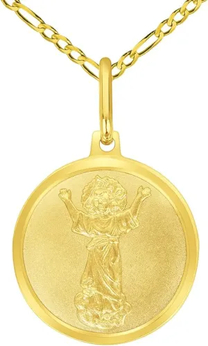Solid 14k Yellow Gold Divino Nio Divine Jesus Round Medal Pendant with Cable, Cuban Curb, or Figaro Chain Necklaces