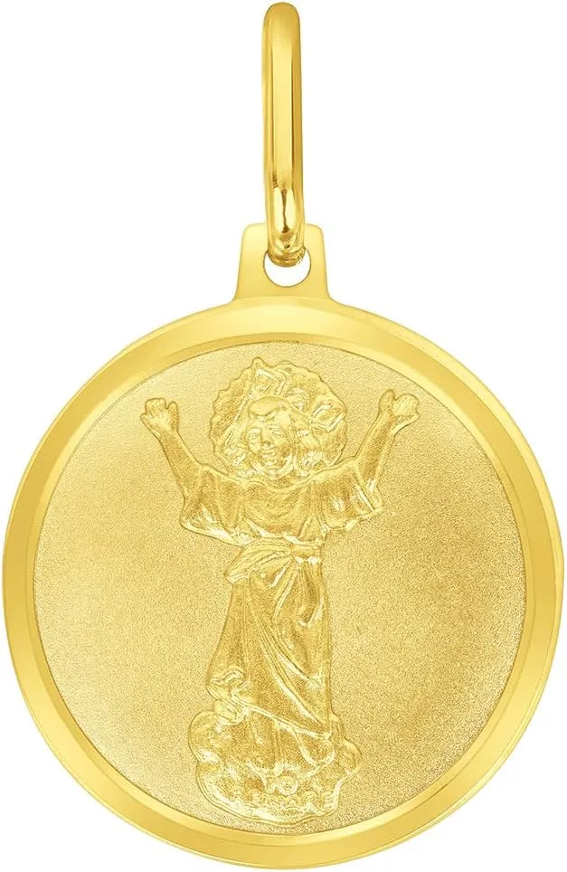 Solid 14k Yellow Gold Divino Nio Divine Jesus Round Medal Pendant with Cable, Cuban Curb, or Figaro Chain Necklaces