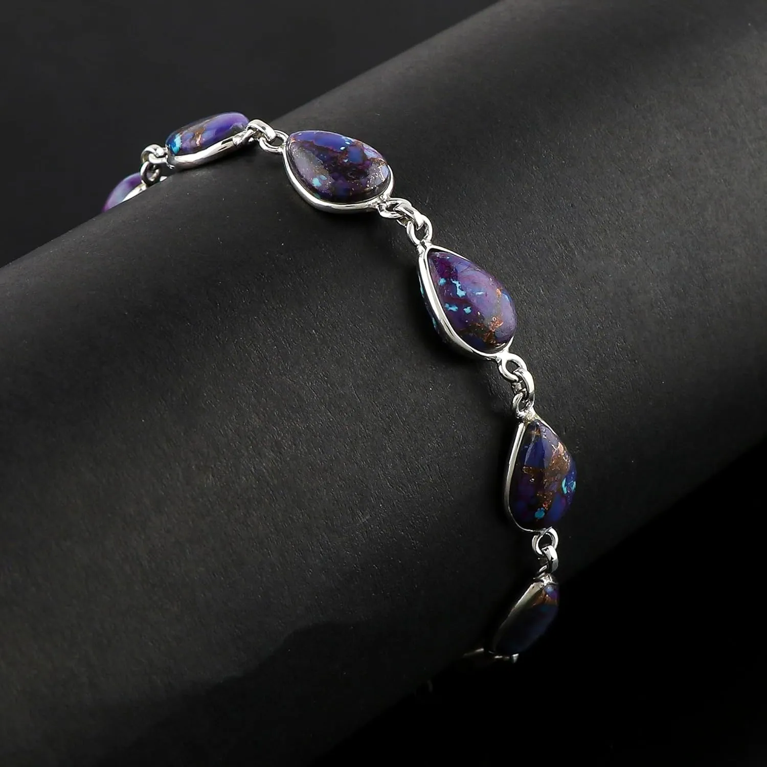 Solid 925 Sterling Silver Bezel Bracelet, Purple Turquoise Gemstone, Elegant Minimalist Jewelry, Healing Crystals Handmade Bracelet, December Birthstone, Gift for Women