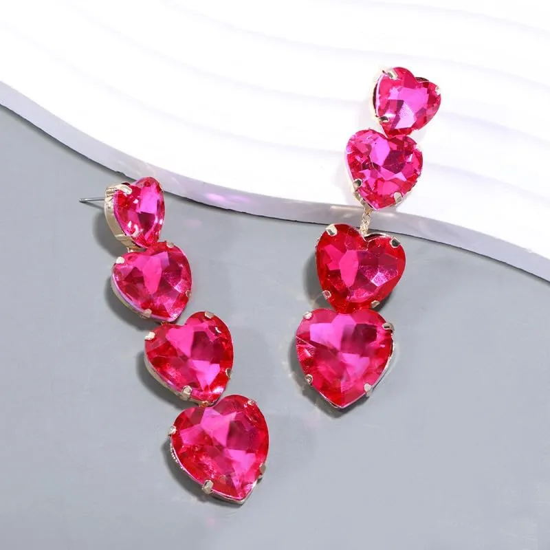 Sparkle Long Tassel Crystal Heart Earrings for Women Rhinestone Love Heart Dangle Drop Earrings Statement Jewelry Valentine's Day Wedding Party Gifts