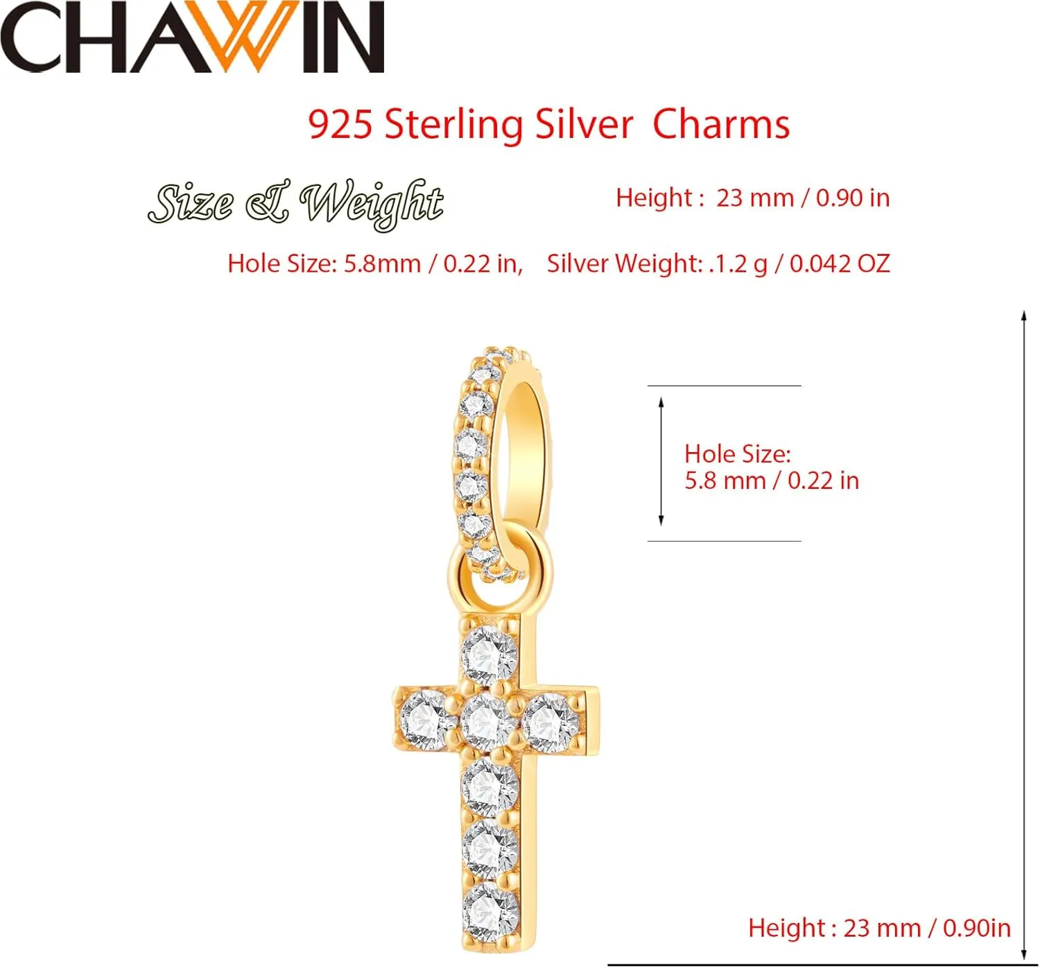 Sparkling Cross Charm for Pandora Charm Bracelets - Gold Plated 925 Sterling Silver Necklace Pendants, Cross Dangle Bead with Cubic Zirconia Stones, Birthday Gift Women/Men.