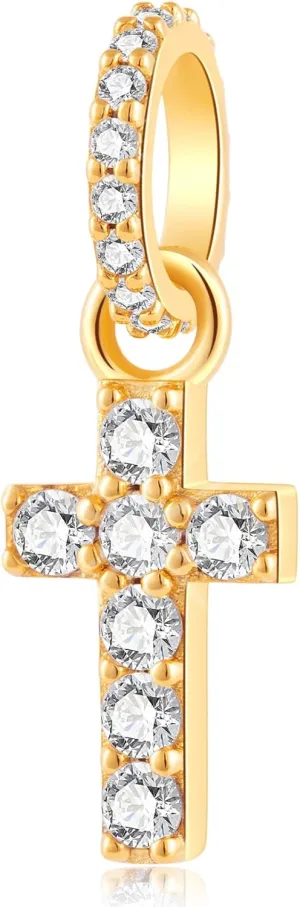 Sparkling Cross Charm for Pandora Charm Bracelets - Gold Plated 925 Sterling Silver Necklace Pendants, Cross Dangle Bead with Cubic Zirconia Stones, Birthday Gift Women/Men.