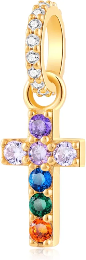 Sparkling Cross Charm for Pandora Charm Bracelets - Gold Plated 925 Sterling Silver Necklace Pendants, Cross Dangle Bead with Cubic Zirconia Stones, Birthday Gift Women/Men.
