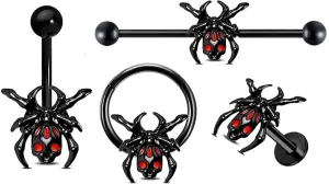 Spider Barbell Piercing Rings - 4 Pcs Body Piercing Jewelry Set Stainless Steel, Black Belly Button Rings, Industrial Barbell Earring, Nose Ring Hoops, Labret Stud for Women and Men