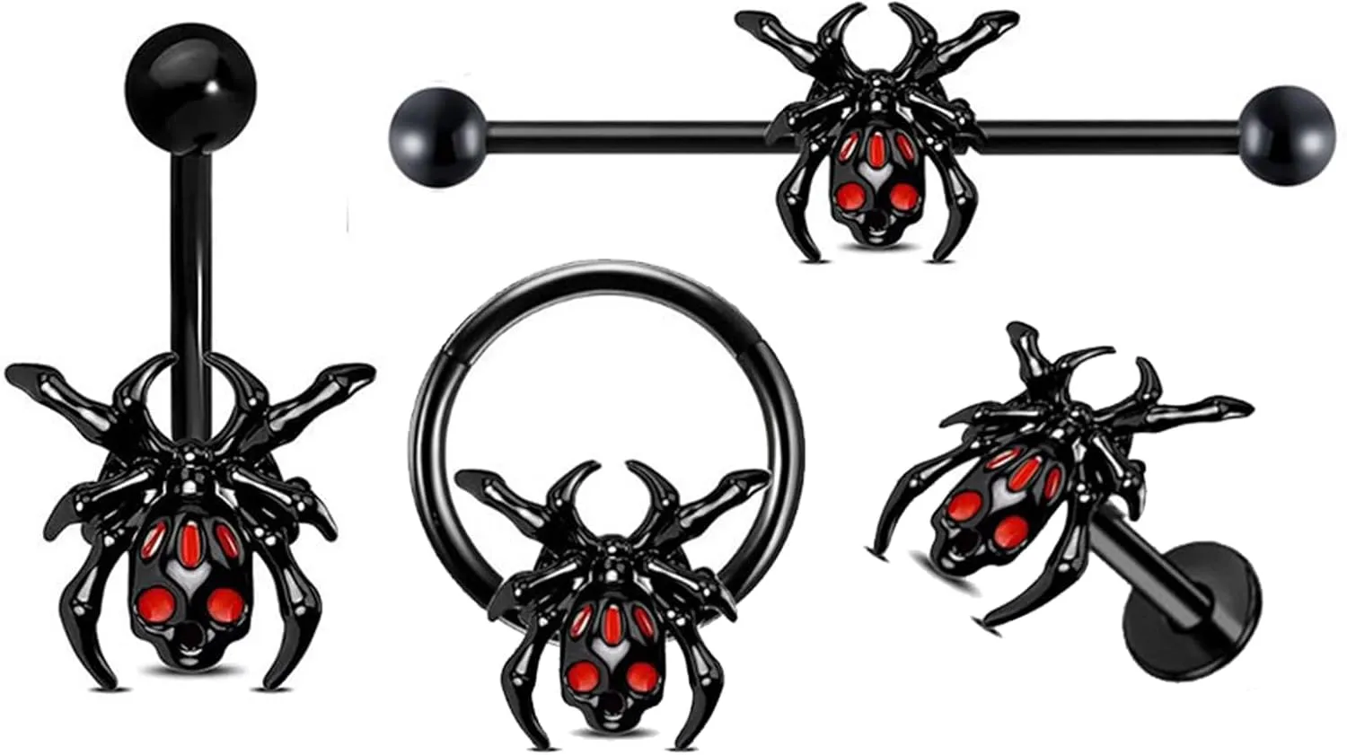 Spider Barbell Piercing Rings - 4 Pcs Body Piercing Jewelry Set Stainless Steel, Black Belly Button Rings, Industrial Barbell Earring, Nose Ring Hoops, Labret Stud for Women and Men