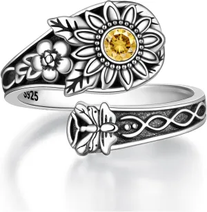 Spoon Rings for Women - Sterling Silver Sunflower Rings Vintage Antique Adjustable Boho Flower Thumb Ring