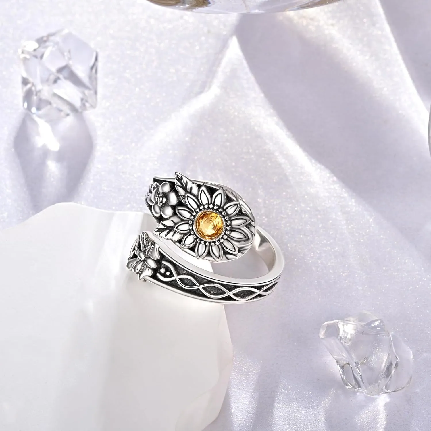 Spoon Rings for Women - Sterling Silver Sunflower Rings Vintage Antique Adjustable Boho Flower Thumb Ring