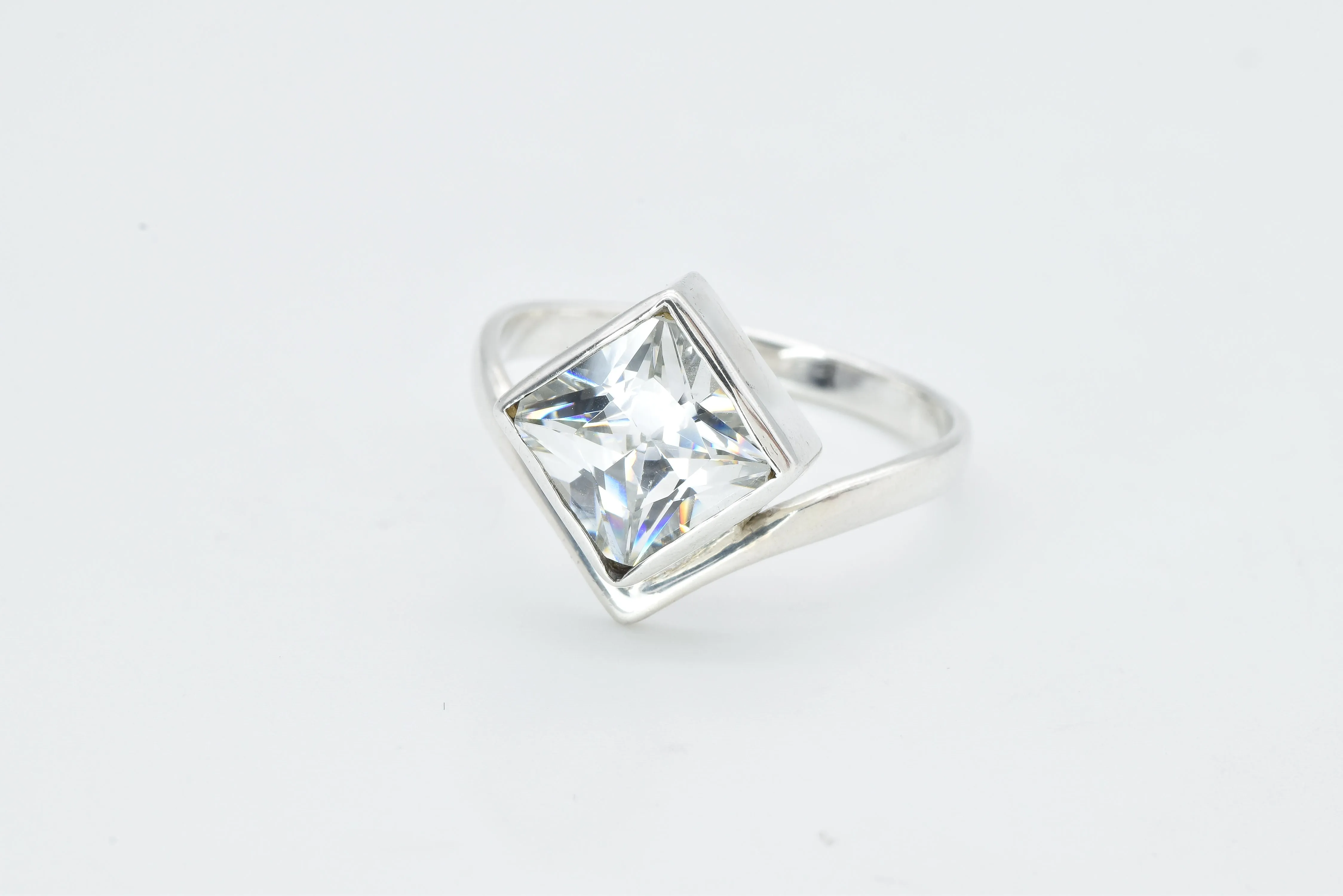 Square Created CZ Diamond Ring - Princess Cut Ring - Asymmetric Silver Ring