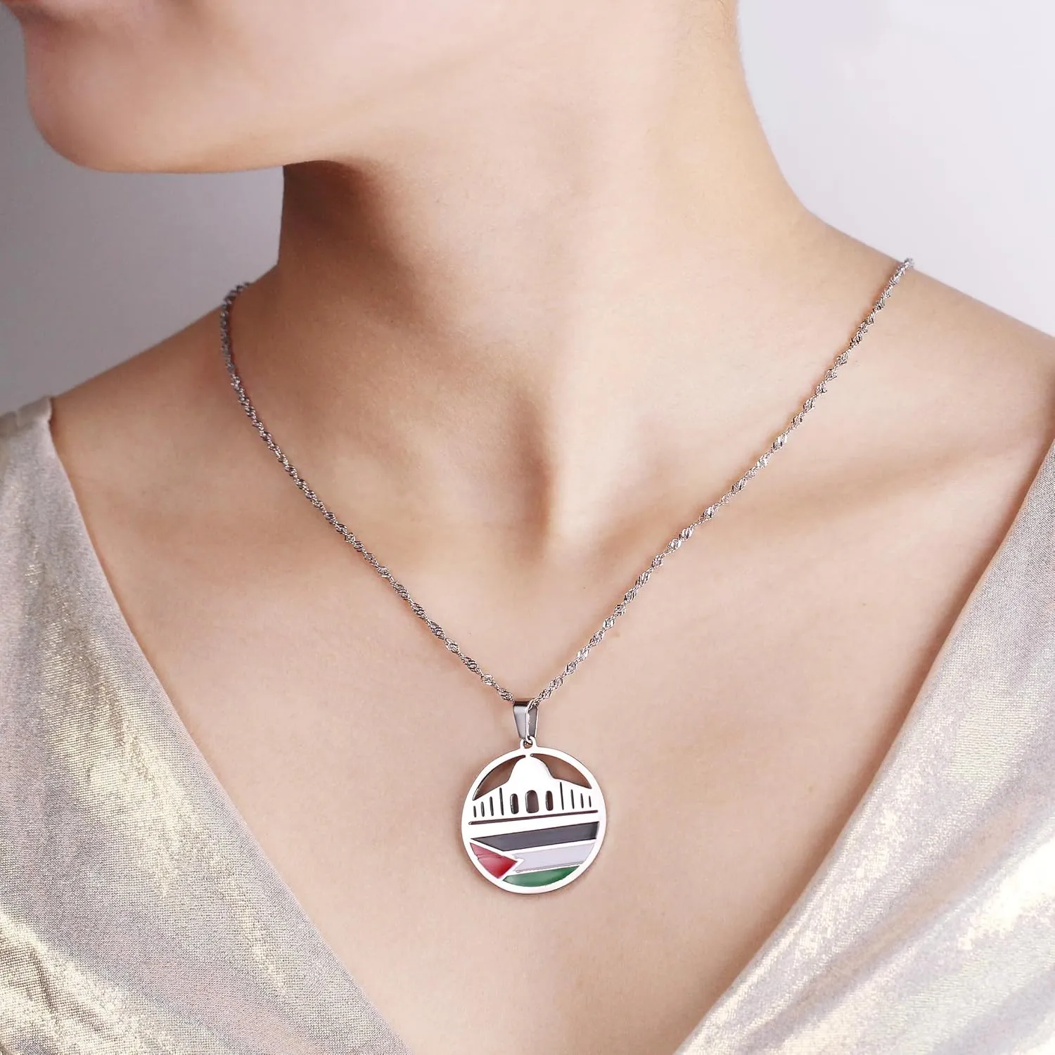 Stainless Steel Palestine Necklace, Dome Pendant, Arabic Calligraphy Islamic Jewelry, Muslim Religious Gift for Men and Women, Middle Eastern Heritage Necklace Y5137