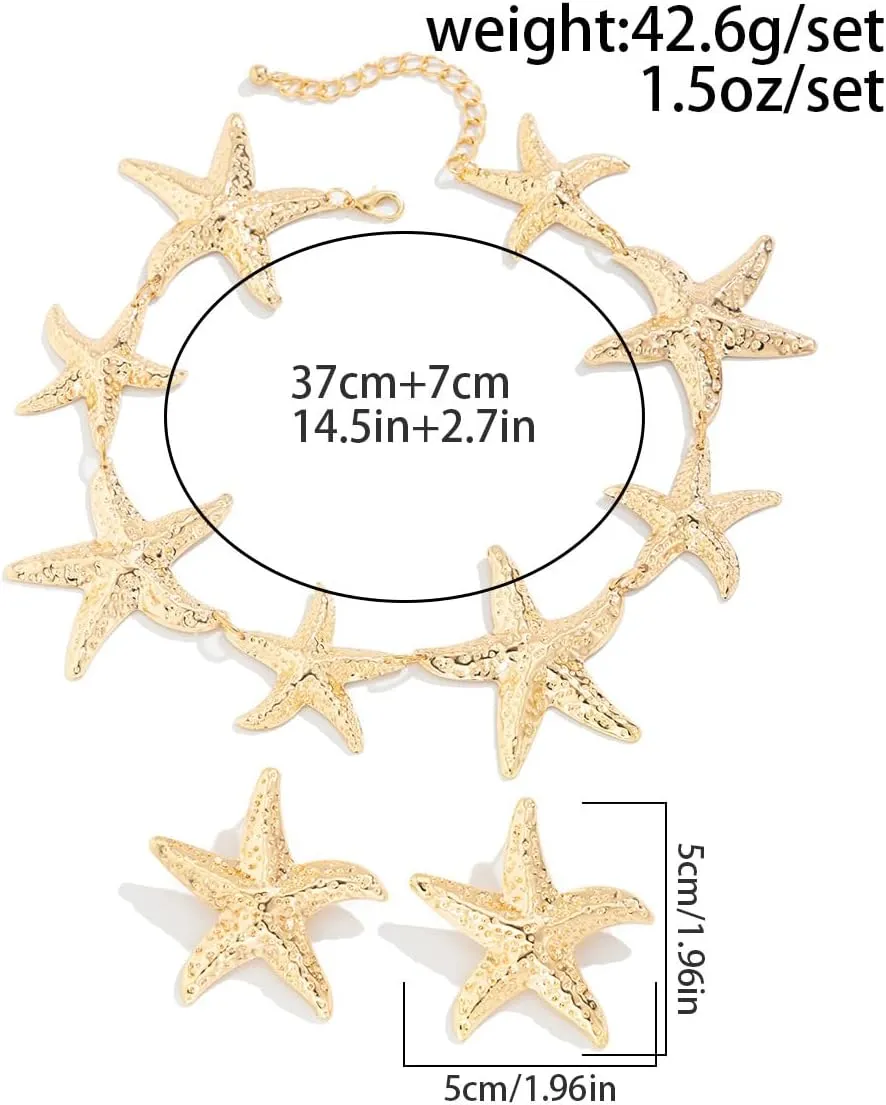 Starfish Choker Necklace and Earring Set for Women, Unique Jewelry Design, Gold/Sliver Starfish Necklace & Earrings for Beach and Party Looks