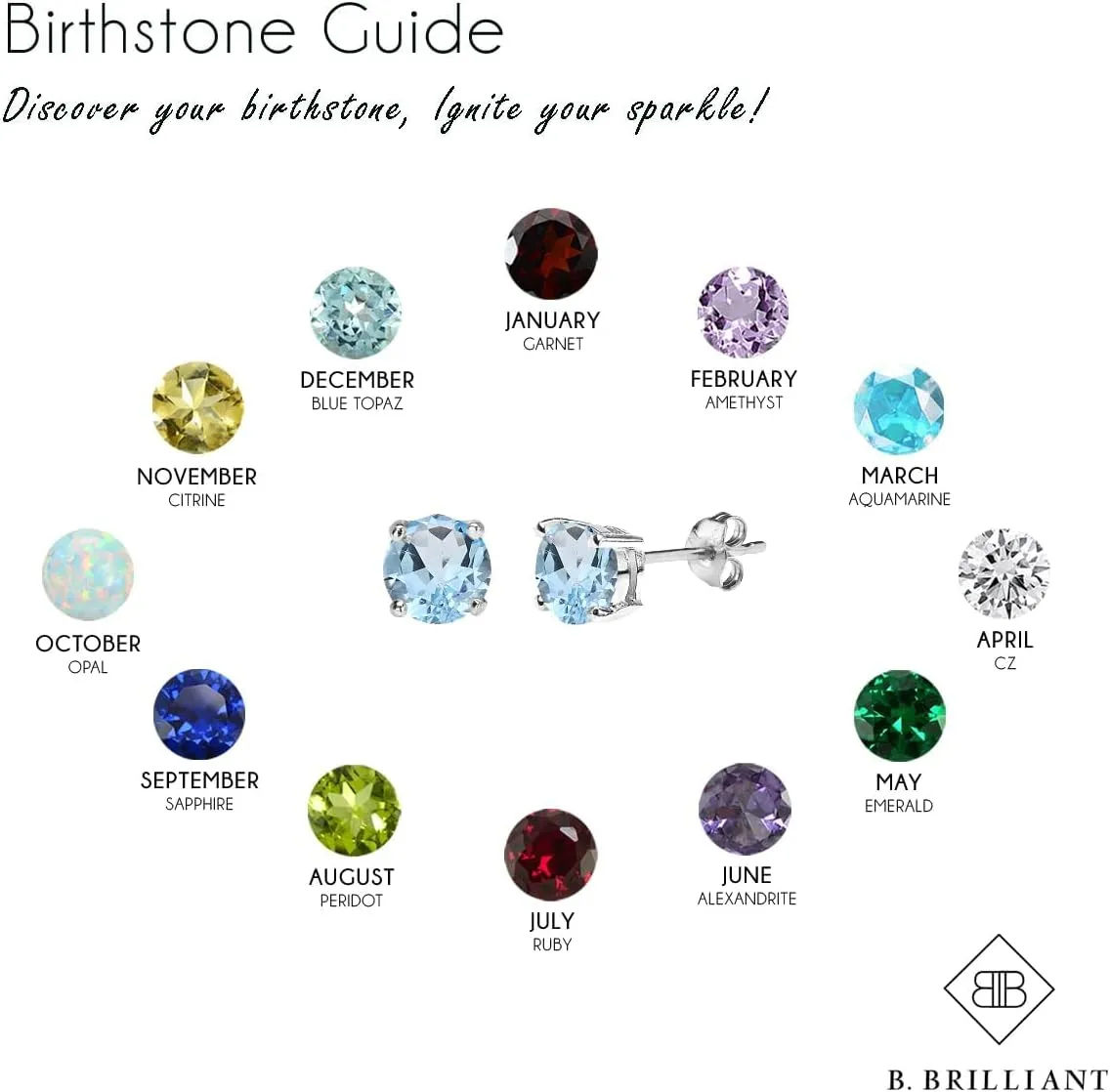 Sterling Silver Birthstone Earrings for Women, Genuine or Synthetic Gemstone 6mm Round Solitaire Stud Earring for Bridesmaids