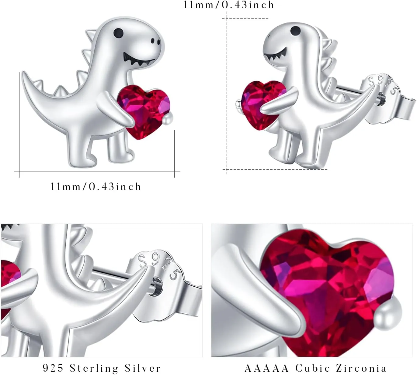 Sterling Silver Dinosaur Stud Earrings - Hypoallergenic, Cute Dinosaur Jewelry Gifts for Women or Daughter