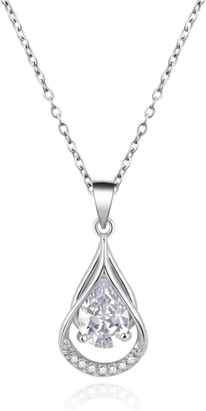 Sterling Silver Necklace for Women with Cubic Zirconia Double Layer Pendants Teardrop Shaped Cz Necklaces for Wedding Jewelry or Mother's Day