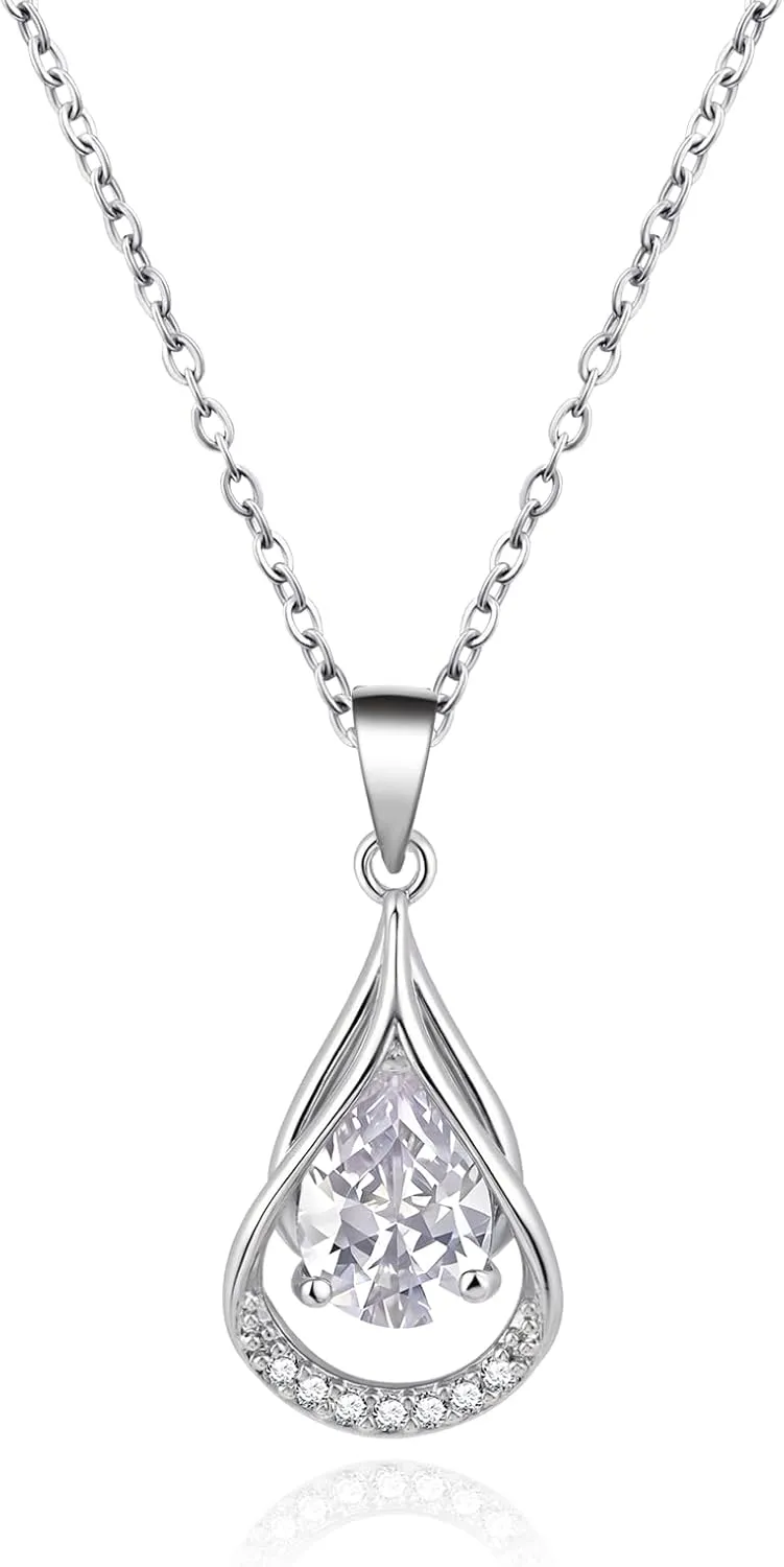 Sterling Silver Necklace for Women with Cubic Zirconia Double Layer Pendants Teardrop Shaped Cz Necklaces for Wedding Jewelry or Mother's Day