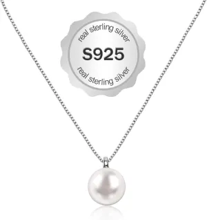 Sterling Silver Pearl Necklace for Women, S925 Single Freshwater Pearl Pendant Necklace Jewelry Gift, 925 Sterling Silver Dainty Simple Pearl Necklaces for Mom Grandma Mother Day Birthday Party