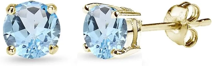 Sterling Silver Round-Cut Solitaire Blue Topaz Stud Earrings for Women