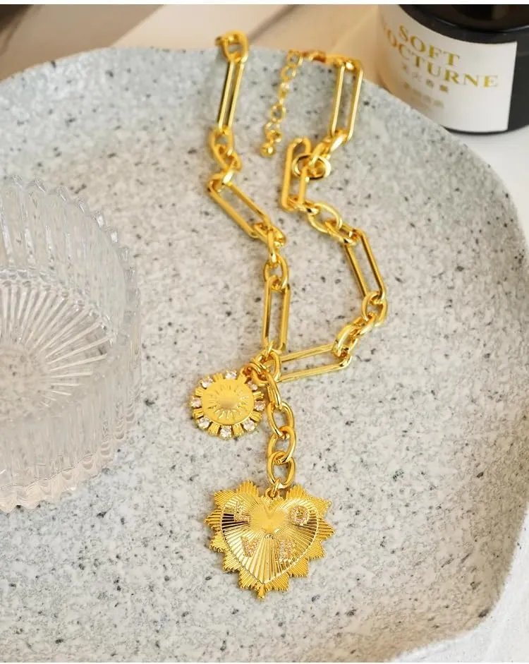 Sun Heart Zircon Inlaid Pendant Choker Necklace for Women 18K Gold Plated Multi Pendants Paperclip Layered Chain Necklaces (with Gift Box)