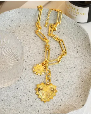 Sun Heart Zircon Inlaid Pendant Choker Necklace for Women 18K Gold Plated Multi Pendants Paperclip Layered Chain Necklaces (with Gift Box)