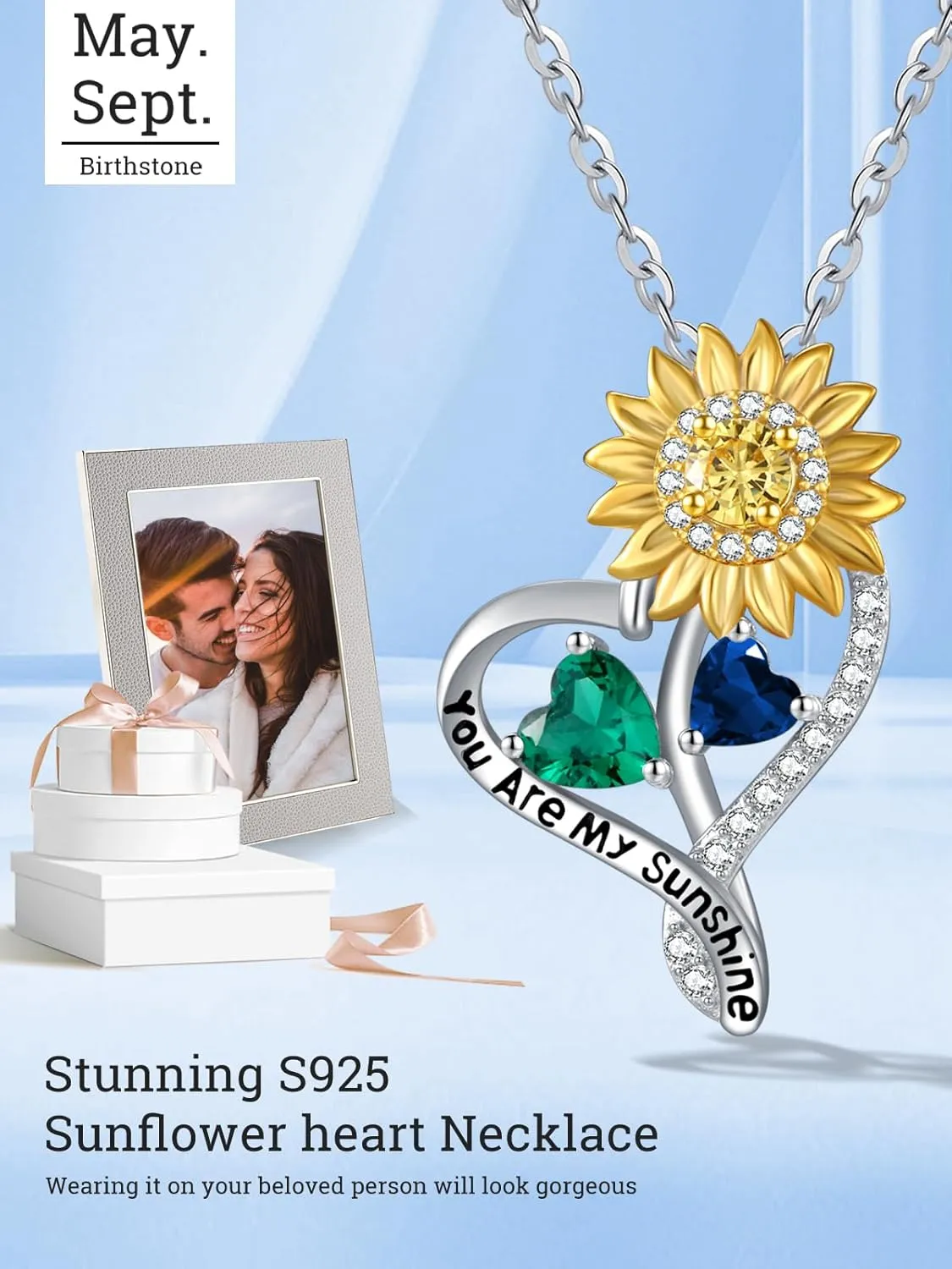 Sunflower Heart Birthstone Necklaces for Women925 Sterling Silver You Are My Sunshine Pendant NecklacesMother's Day Birthday Anniversary Jewelry Gifts for Wife Mom Grandma