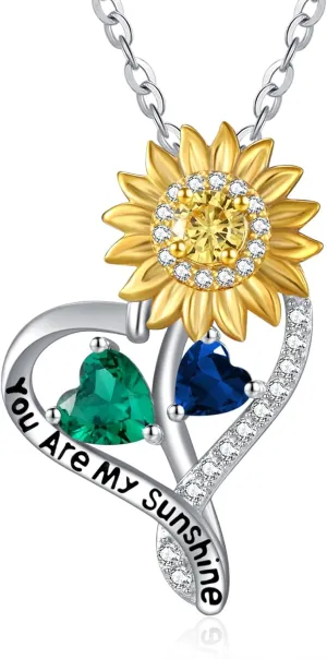 Sunflower Heart Birthstone Necklaces for Women925 Sterling Silver You Are My Sunshine Pendant NecklacesMother's Day Birthday Anniversary Jewelry Gifts for Wife Mom Grandma