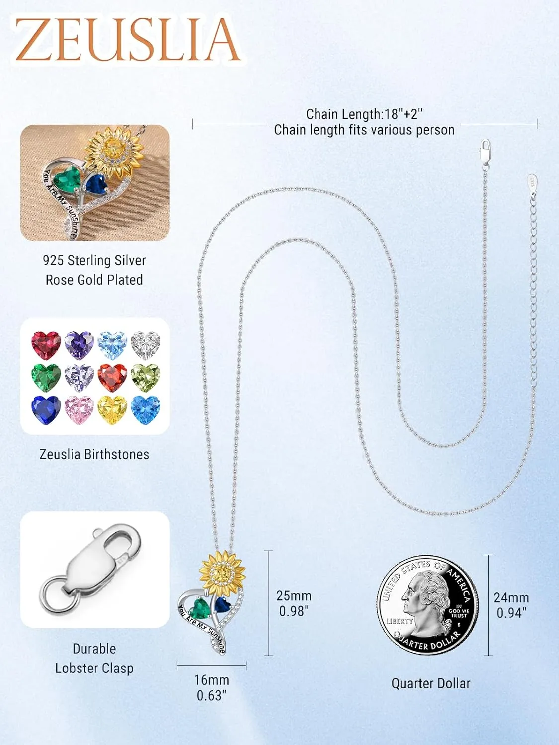 Sunflower Heart Birthstone Necklaces for Women925 Sterling Silver You Are My Sunshine Pendant NecklacesMother's Day Birthday Anniversary Jewelry Gifts for Wife Mom Grandma