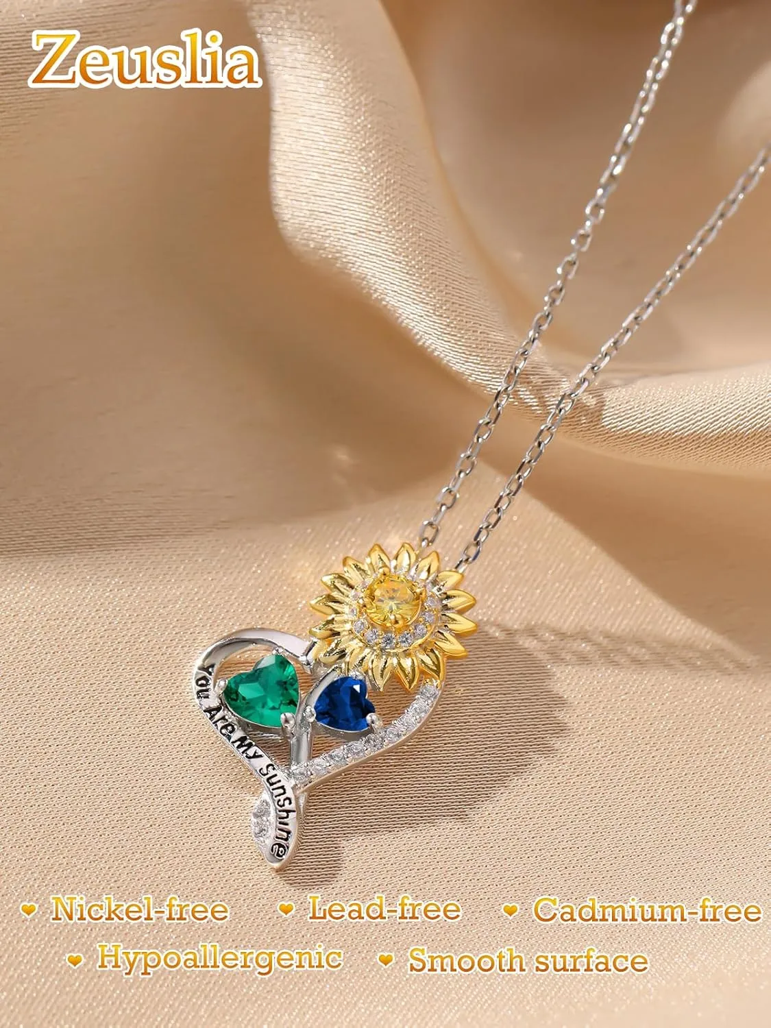 Sunflower Heart Birthstone Necklaces for Women925 Sterling Silver You Are My Sunshine Pendant NecklacesMother's Day Birthday Anniversary Jewelry Gifts for Wife Mom Grandma