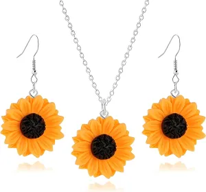 Sunflower Necklace Earrings Sets for Women Fashion Leaf Bohemian Daisy Flower Earring Handmade 3D Sunflower Earring Mother's Day Gifts