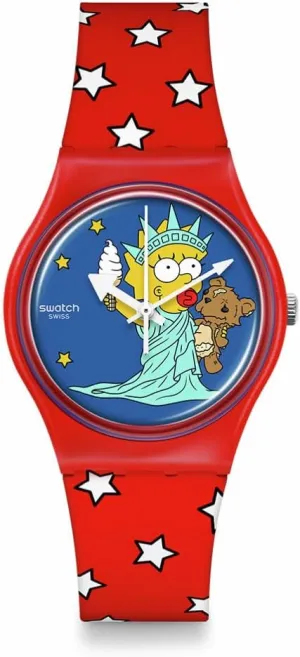 Swatch Simpsons 4th July Casual Watch Red Quartz Bio-sourced LITTLE LADY LIBERTY.