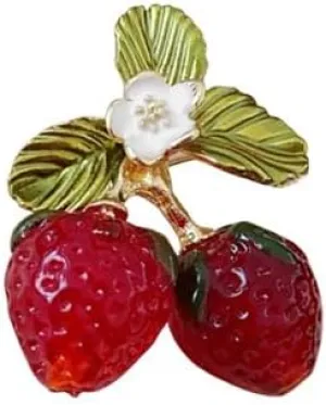 Sweet Strawberry Red Glass Brooch Pin for Women Girls Cute Dainty 3D Fruit Food Lifelike Lapel Pins Fashion Enamel White Flower Green Leaves Brooches Badges Clothing Backpacks Bag Hat Shawl Clips