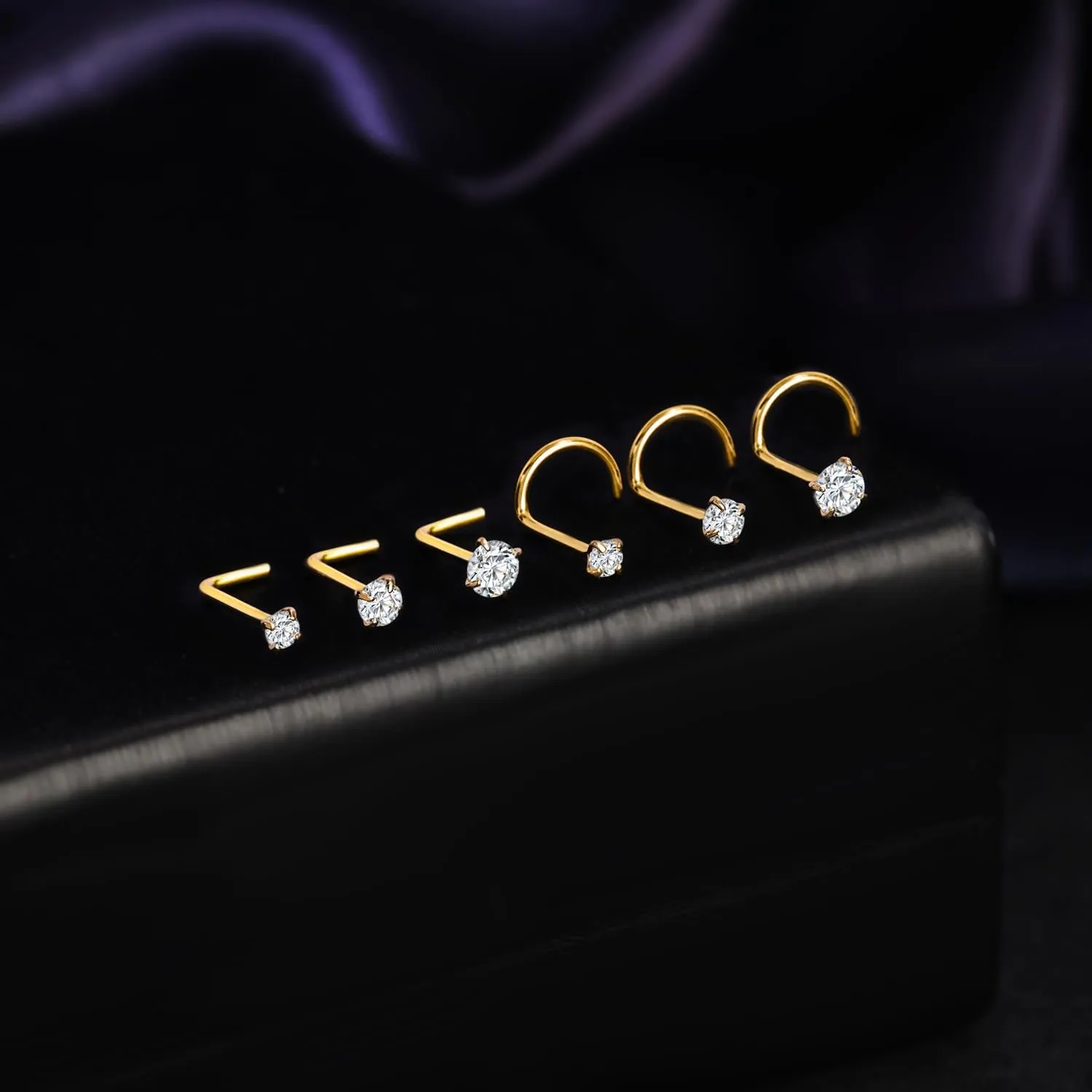SYLWIA 14K Solid Gold Nose Studs Rings 20g 18g, Moissanite Corkscrew L Shaped Nose Rings, Hypoallergenic 18 20 Gauge Nose Ring Piercing for Women Wen Gifts - 2mm 2.5mm 3mm Moissanite
