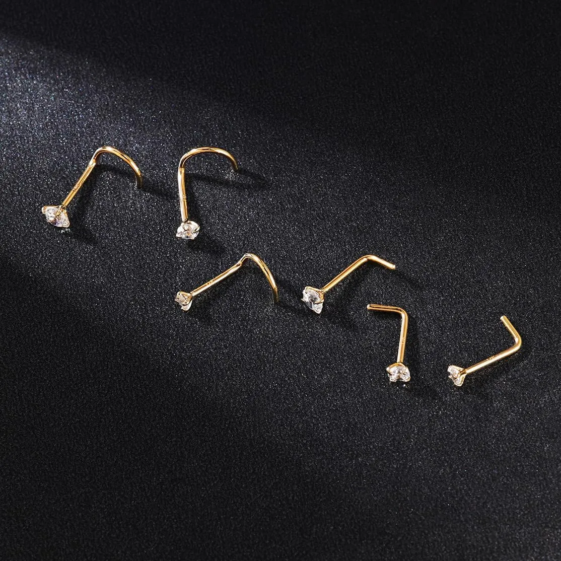 SYLWIA 14K Solid Gold Nose Studs Rings 20g 18g, Moissanite Corkscrew L Shaped Nose Rings, Hypoallergenic 18 20 Gauge Nose Ring Piercing for Women Wen Gifts - 2mm 2.5mm 3mm Moissanite