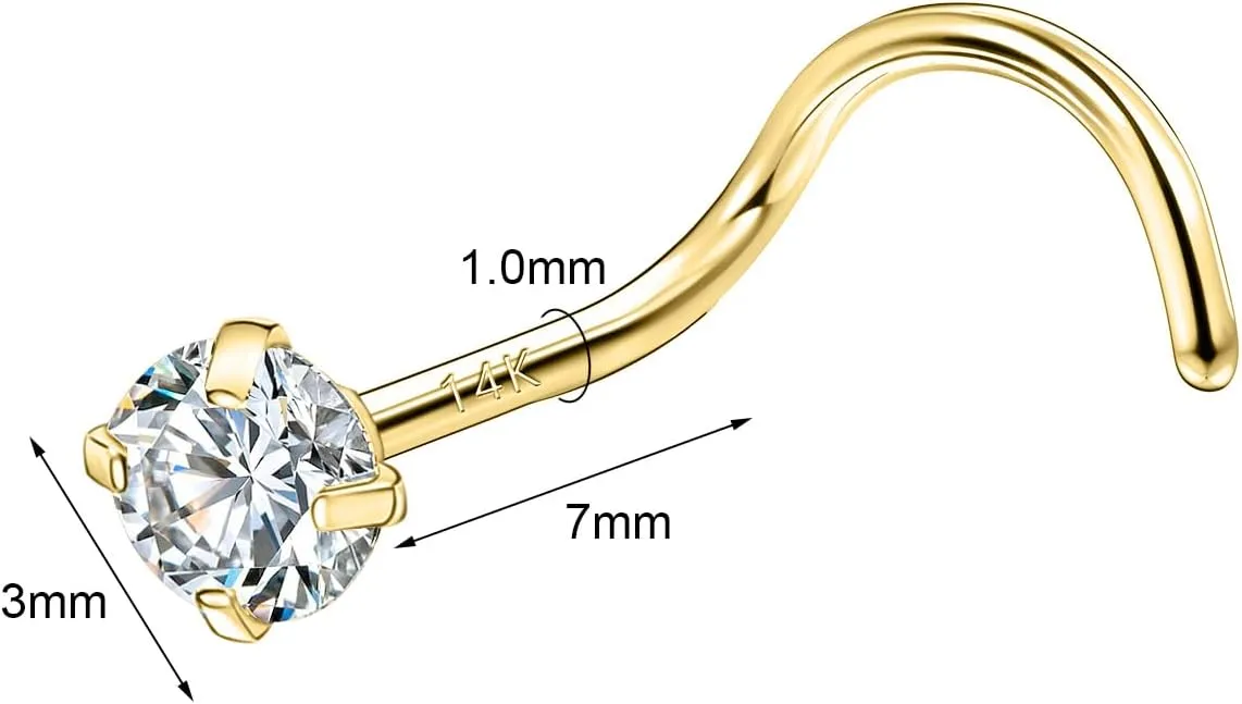 SYLWIA 14K Solid Gold Nose Studs Rings 20g 18g, Moissanite Corkscrew L Shaped Nose Rings, Hypoallergenic 18 20 Gauge Nose Ring Piercing for Women Wen Gifts - 2mm 2.5mm 3mm Moissanite