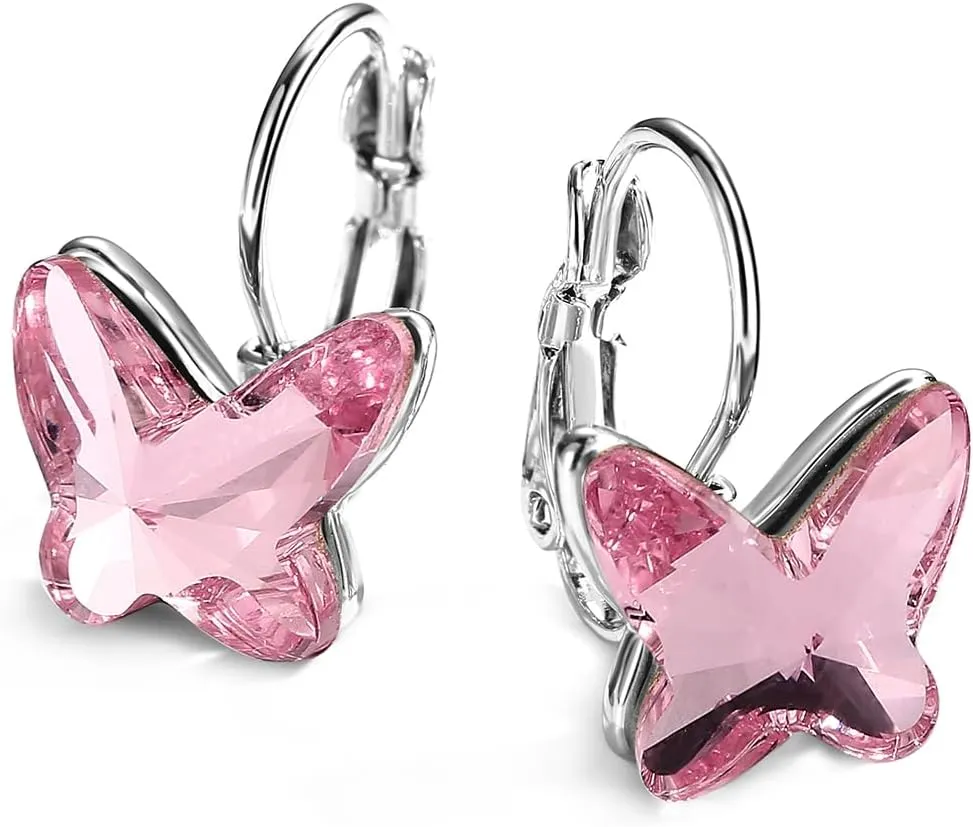 T400 Blue Purple Pink Crystal Butterfly Leverback Drop Earrings Birthday Gift for Women