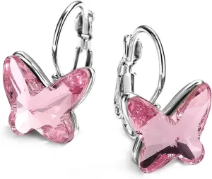 T400 Blue Purple Pink Crystal Butterfly Leverback Drop Earrings Birthday Gift for Women