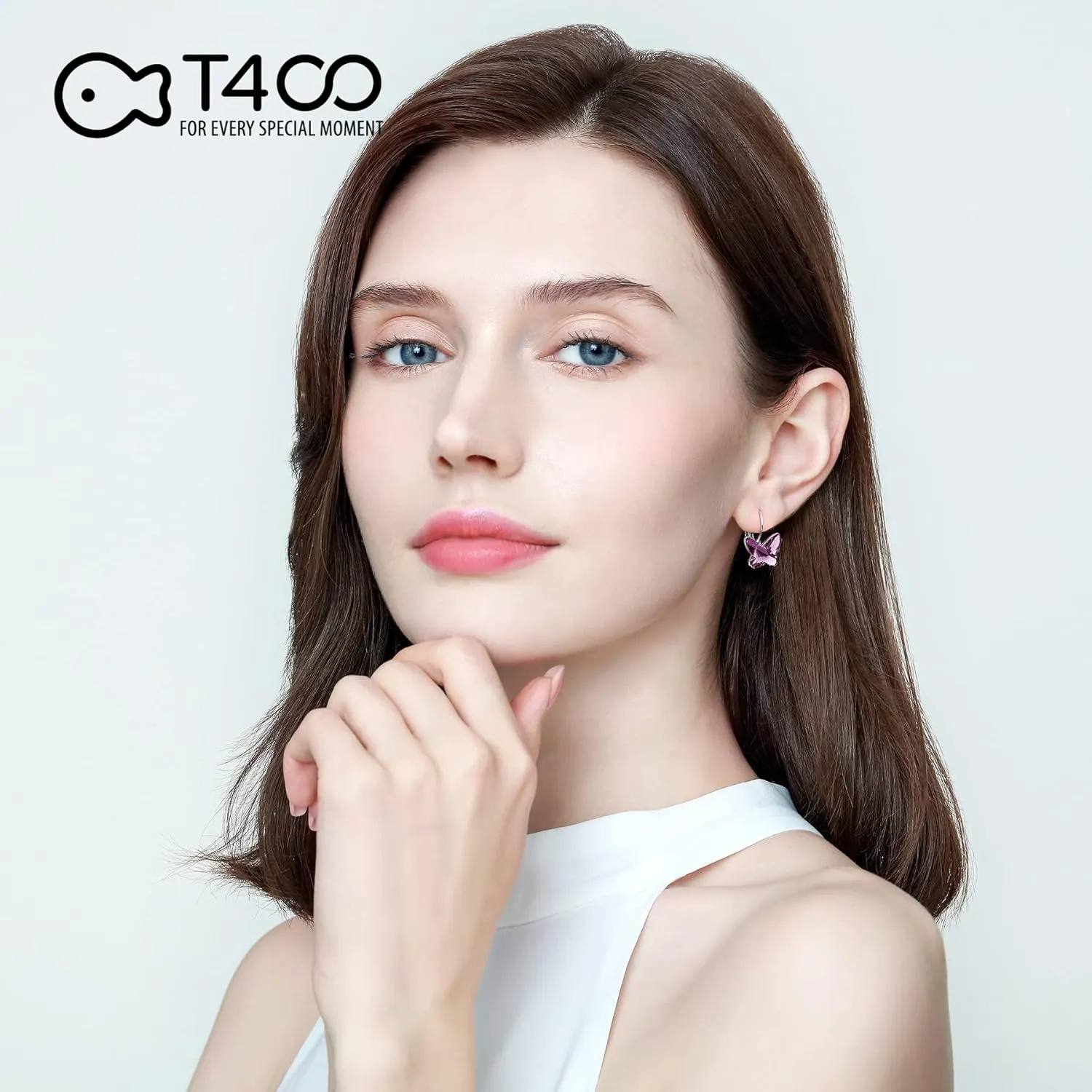 T400 Blue Purple Pink Crystal Butterfly Leverback Drop Earrings Birthday Gift for Women