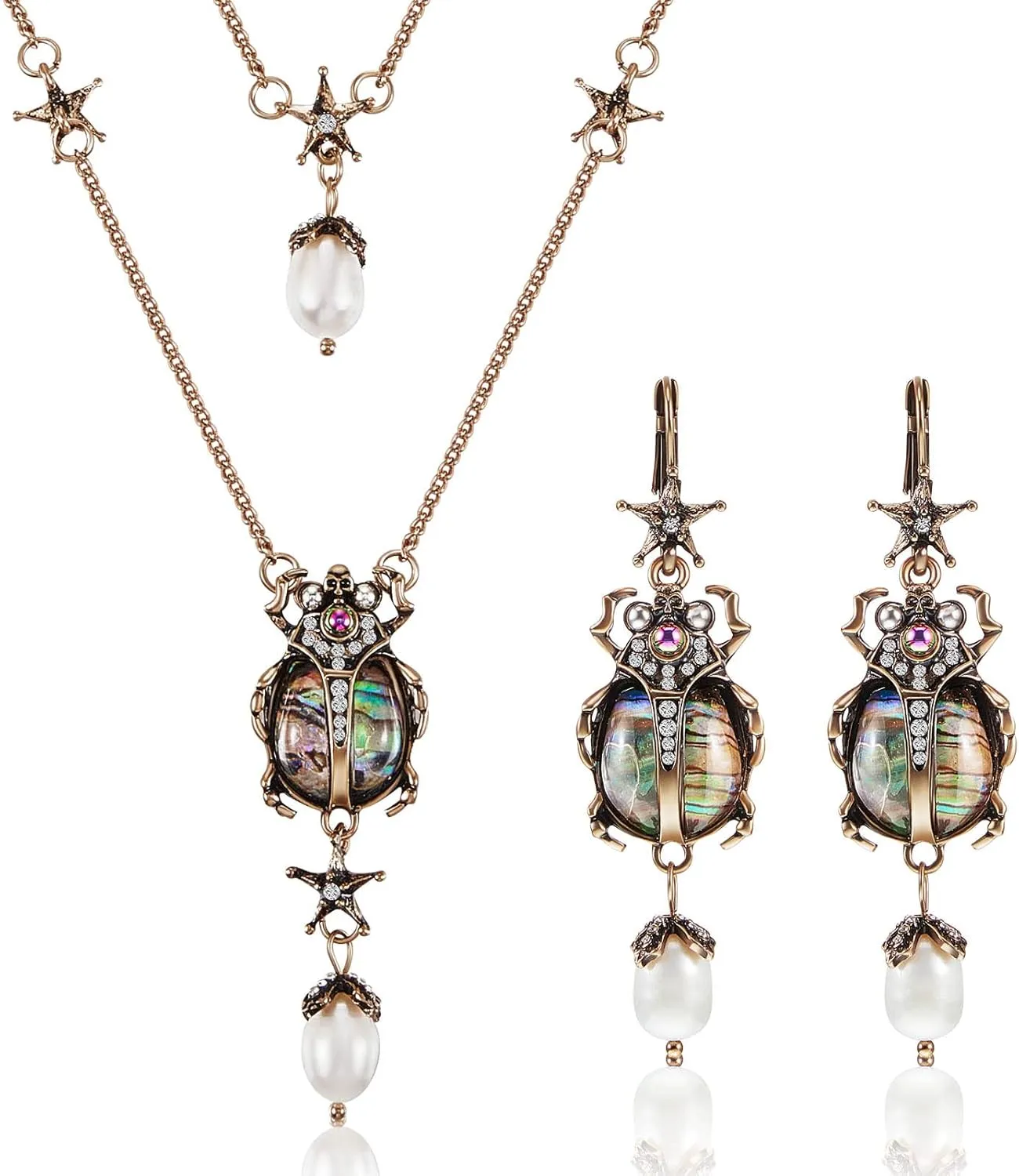 Taiyin 2 Pcs Beetle Dangle Earrings Necklace Set Vintage Bug Fun Earrings for Women Pearl Drop Scarab Jewelry for Bridal Bridesmaids Prom Party Supplies