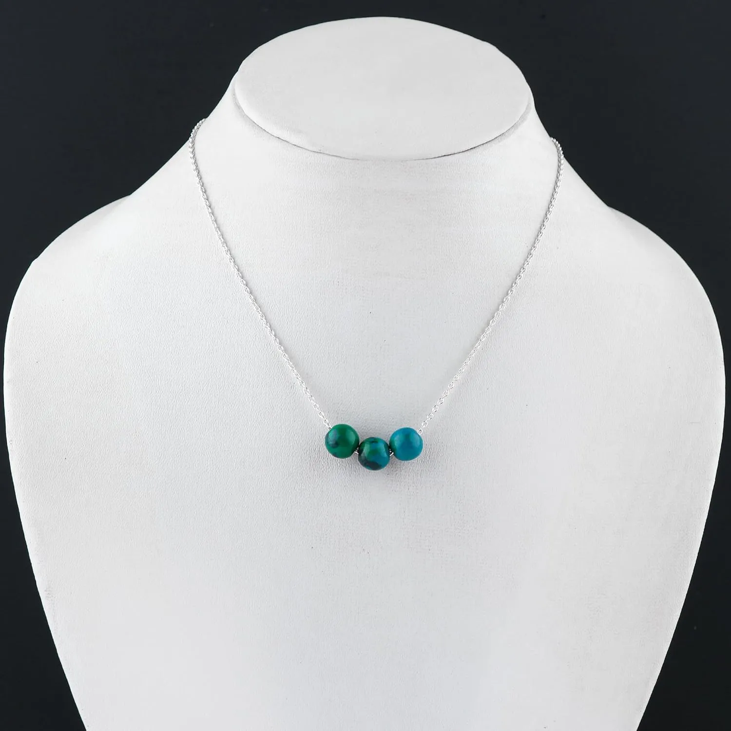 Thecraftman Pendant Crystal Choker Necklace Jewelry for Women Dainty Silver Plated Chain with 3 Beads Birthstone Handmade Necklace Gift for Women Teen Girls (Chrysocolla)