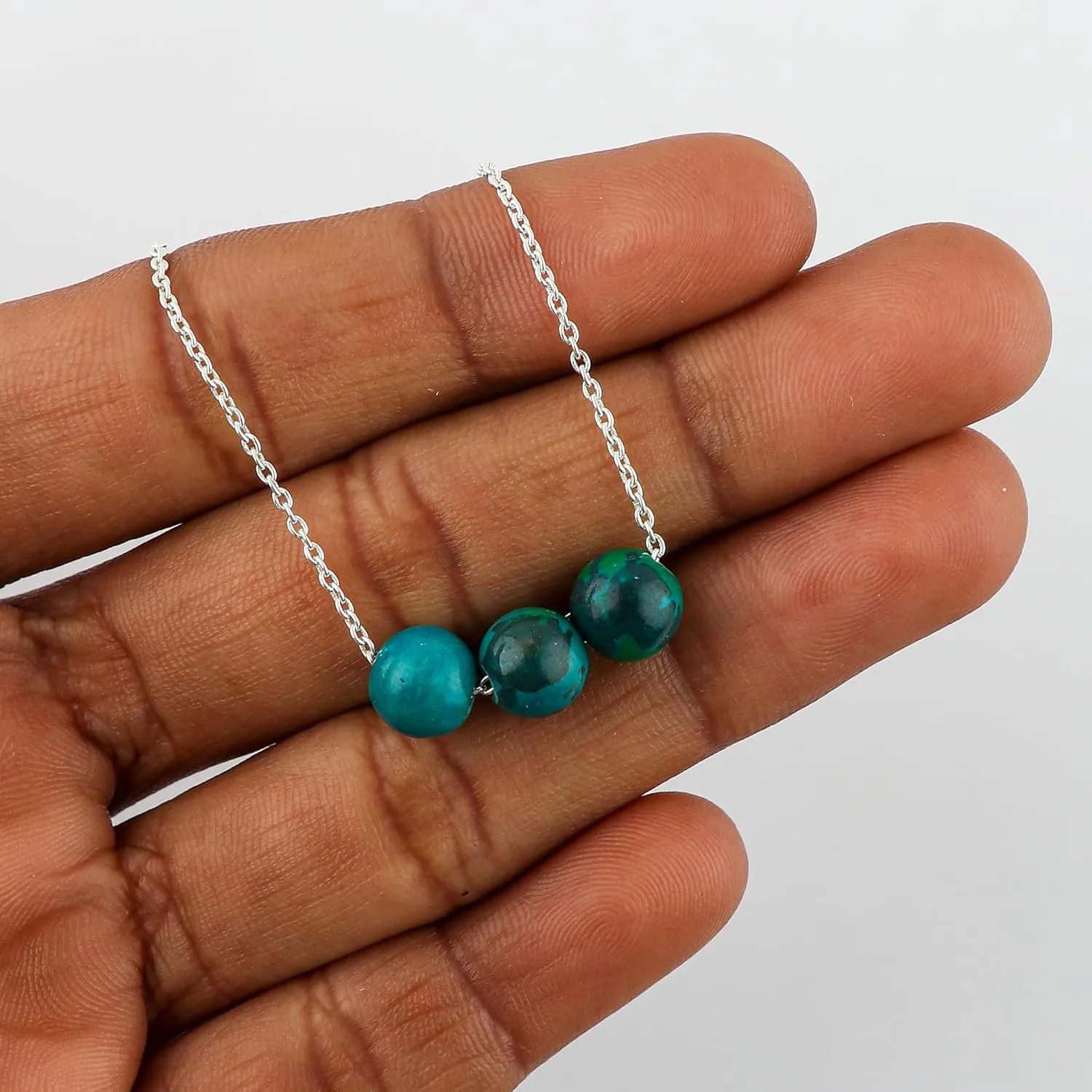 Thecraftman Pendant Crystal Choker Necklace Jewelry for Women Dainty Silver Plated Chain with 3 Beads Birthstone Handmade Necklace Gift for Women Teen Girls (Chrysocolla)