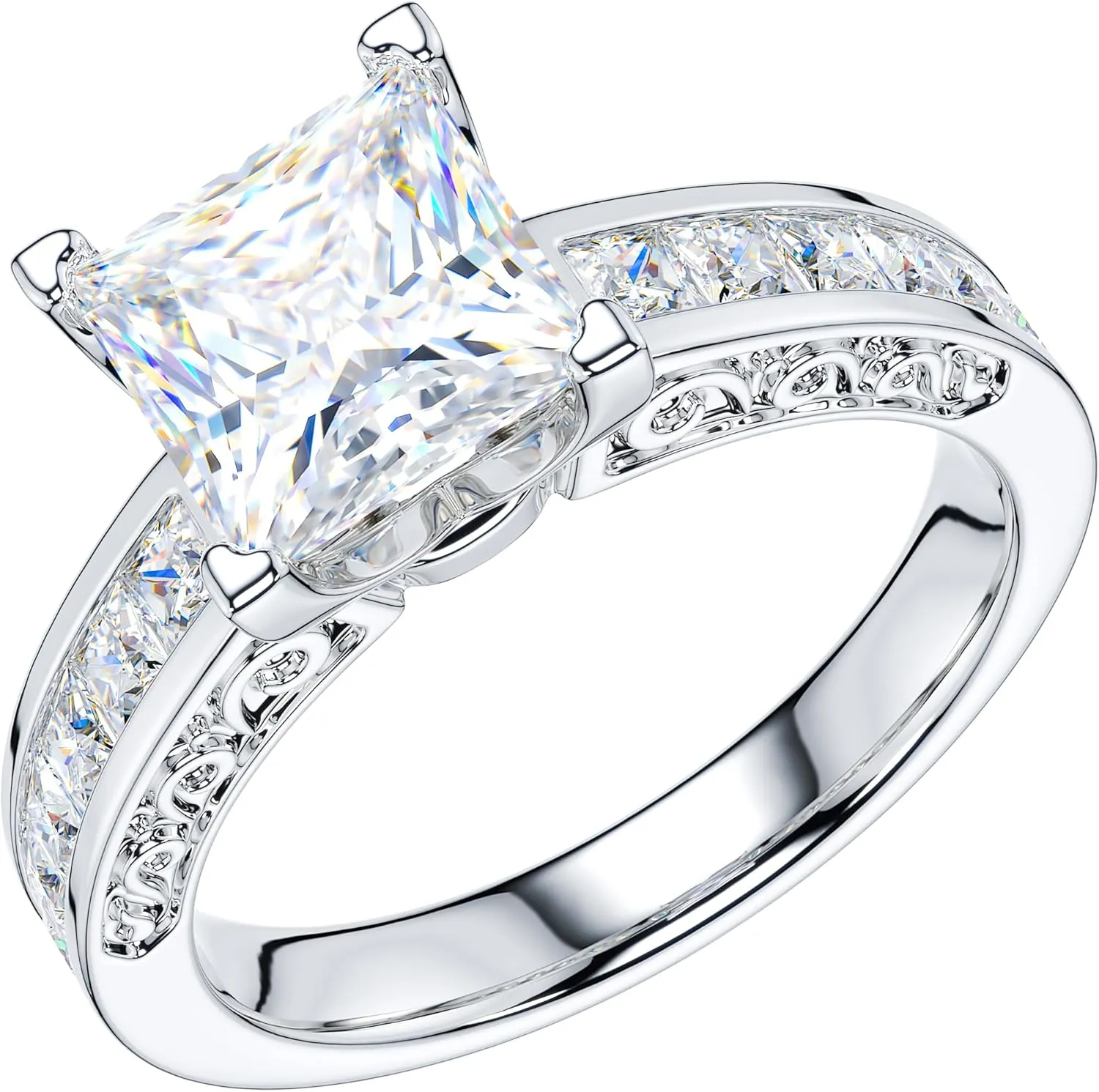 THELANDA All Princess Cut Genuine Moissanite or Simulated Center 1.5CT Diamond Sterling Silver Classic Filigree Pattern Promise Engagement Ring