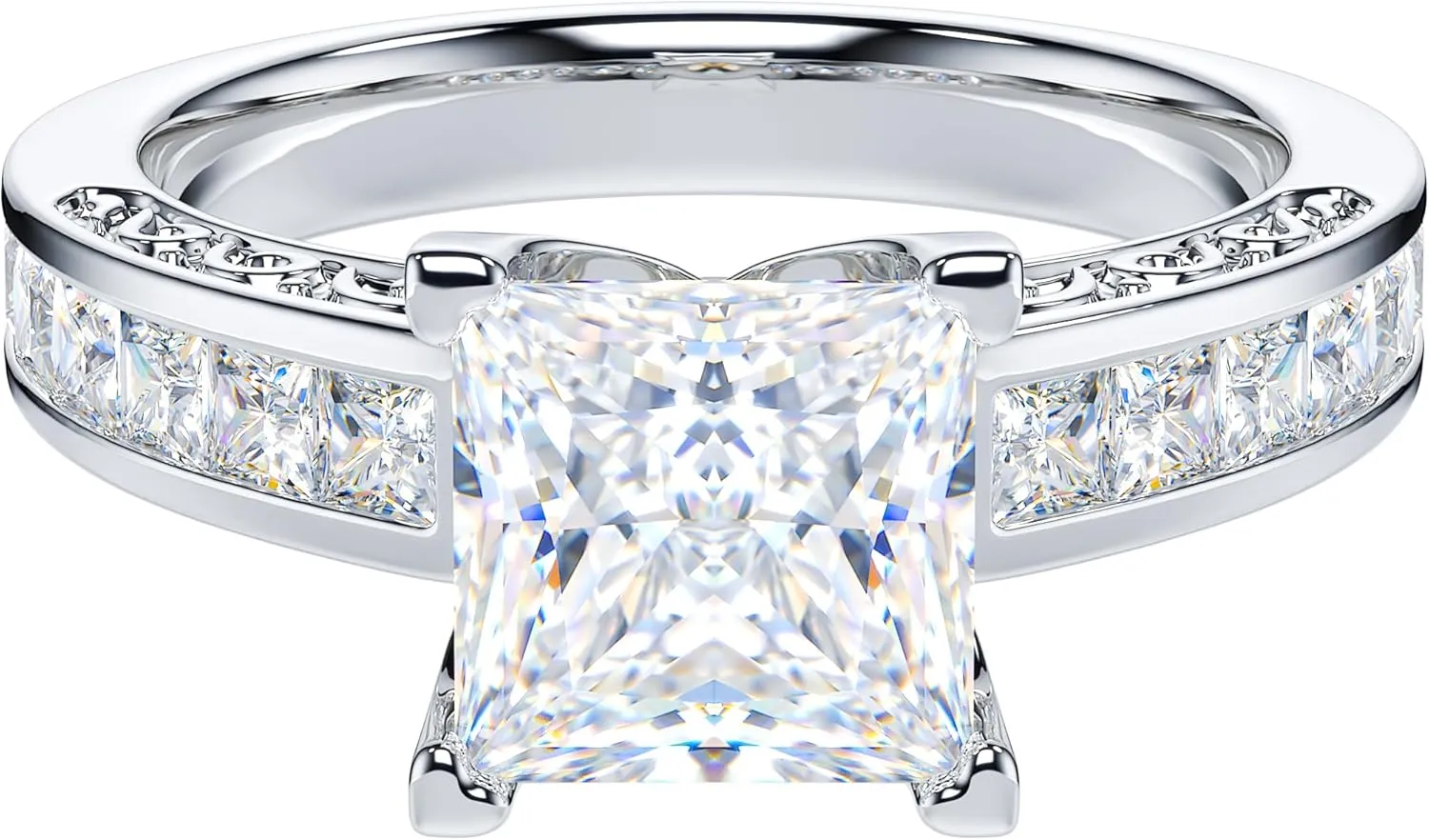THELANDA All Princess Cut Genuine Moissanite or Simulated Center 1.5CT Diamond Sterling Silver Classic Filigree Pattern Promise Engagement Ring