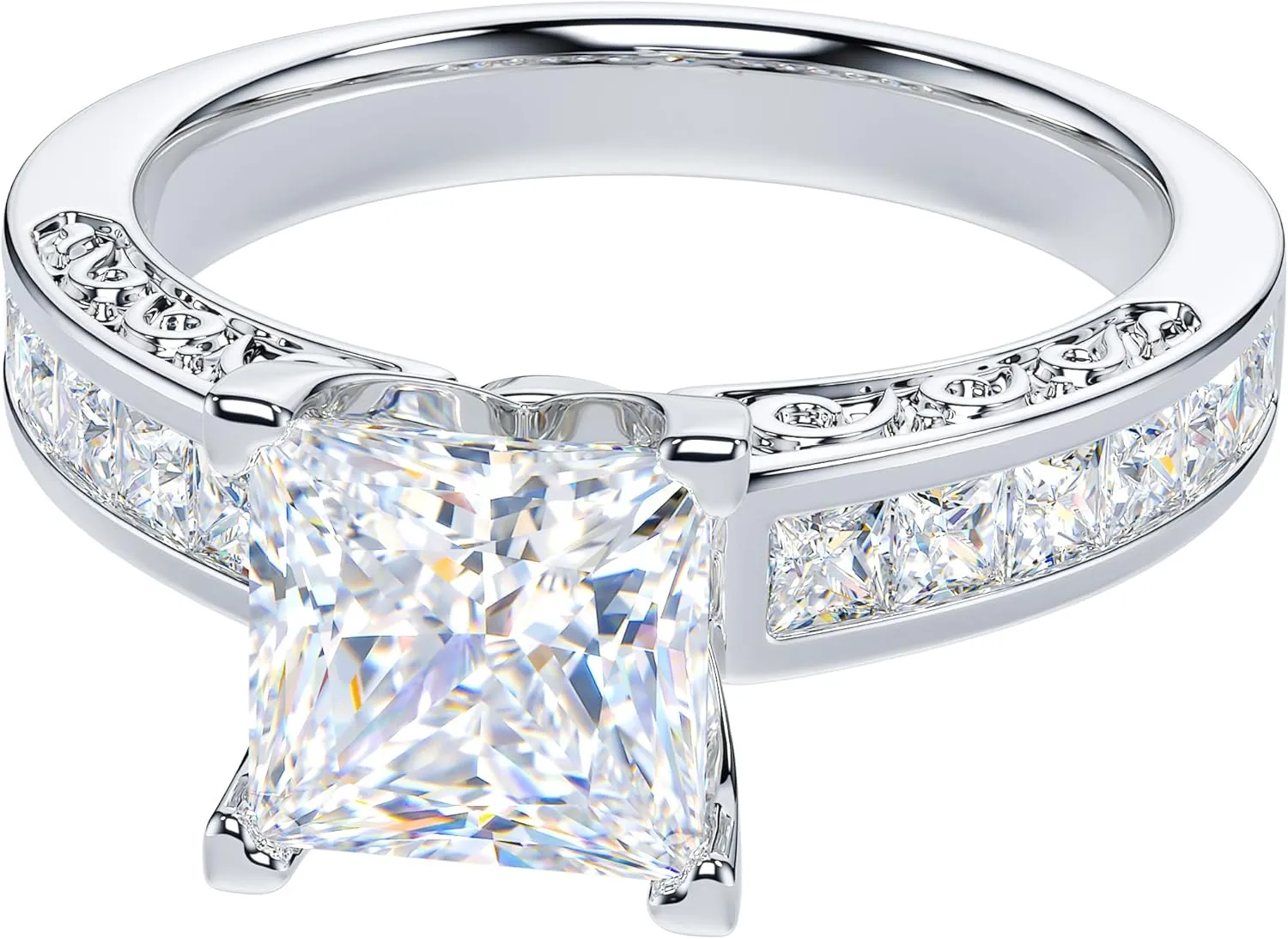 THELANDA All Princess Cut Genuine Moissanite or Simulated Center 1.5CT Diamond Sterling Silver Classic Filigree Pattern Promise Engagement Ring