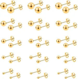 Thinp Stainless Steel Stud Earrings for Women & Men 15 Pairs Gold Earring Tiny Stud Earrings Simple Polished Ball Studs Jewelry Different Sizes Gold Studs Earring Set 2mm 3mm 4mm 5mm 6mm
