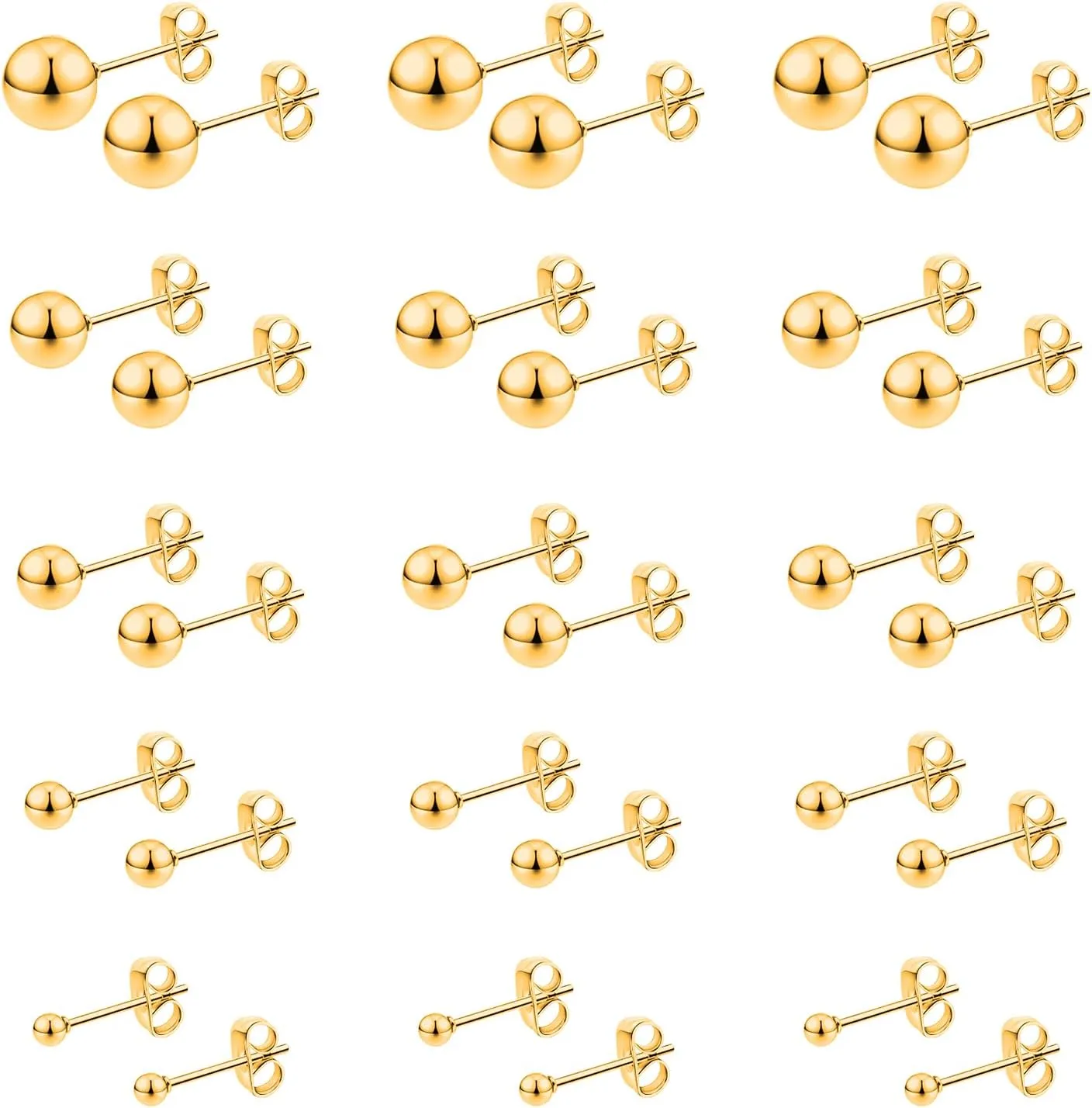 Thinp Stainless Steel Stud Earrings for Women & Men 15 Pairs Gold Earring Tiny Stud Earrings Simple Polished Ball Studs Jewelry Different Sizes Gold Studs Earring Set 2mm 3mm 4mm 5mm 6mm