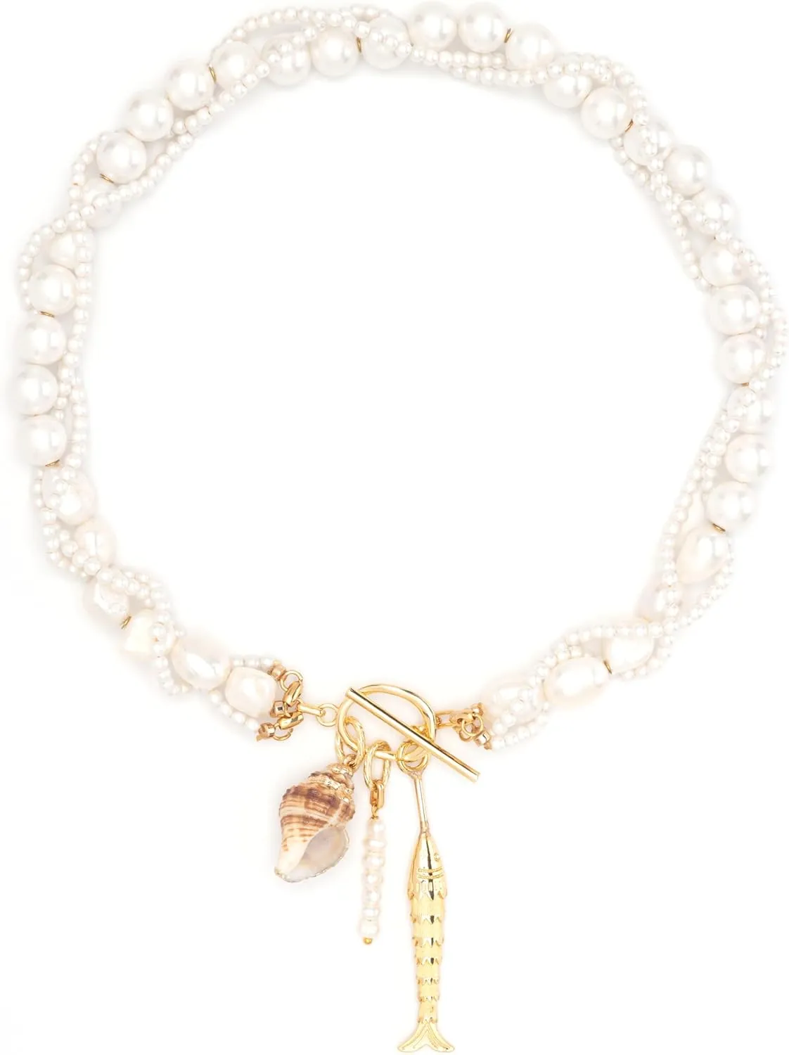 Three Simulated White Pearl Strand Toggle Charm Necklace