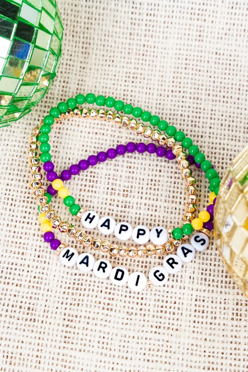 Tiled Letter 'Happy Mardi Gras' Beaded Bracelet Set