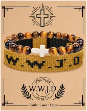 Todu Cross WWJD Bracelet What Would Jesus Do Colorful Letters Braided Rope Natural Healing Crystal Beads Wristband Bracelets Friendship Inspirational Religious Faith Christian Jewelry for Women Men