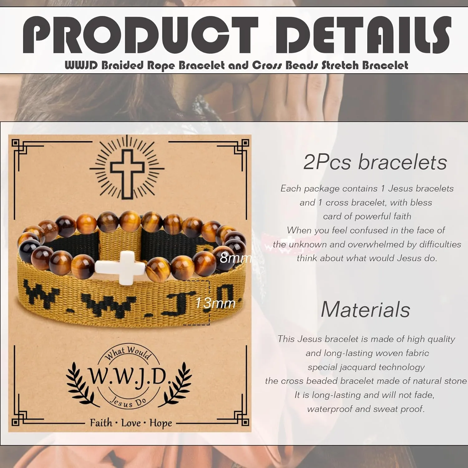 Todu Cross WWJD Bracelet What Would Jesus Do Colorful Letters Braided Rope Natural Healing Crystal Beads Wristband Bracelets Friendship Inspirational Religious Faith Christian Jewelry for Women Men
