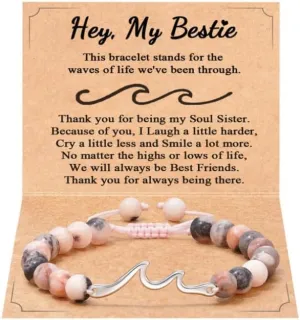 Todu Sister Bestie Bracelet Natural Healing Stone Beads Sea Wavy Bracelet with Message Card for Women Encouragement Inspirational Appreciation Friendship Jewelry for Her