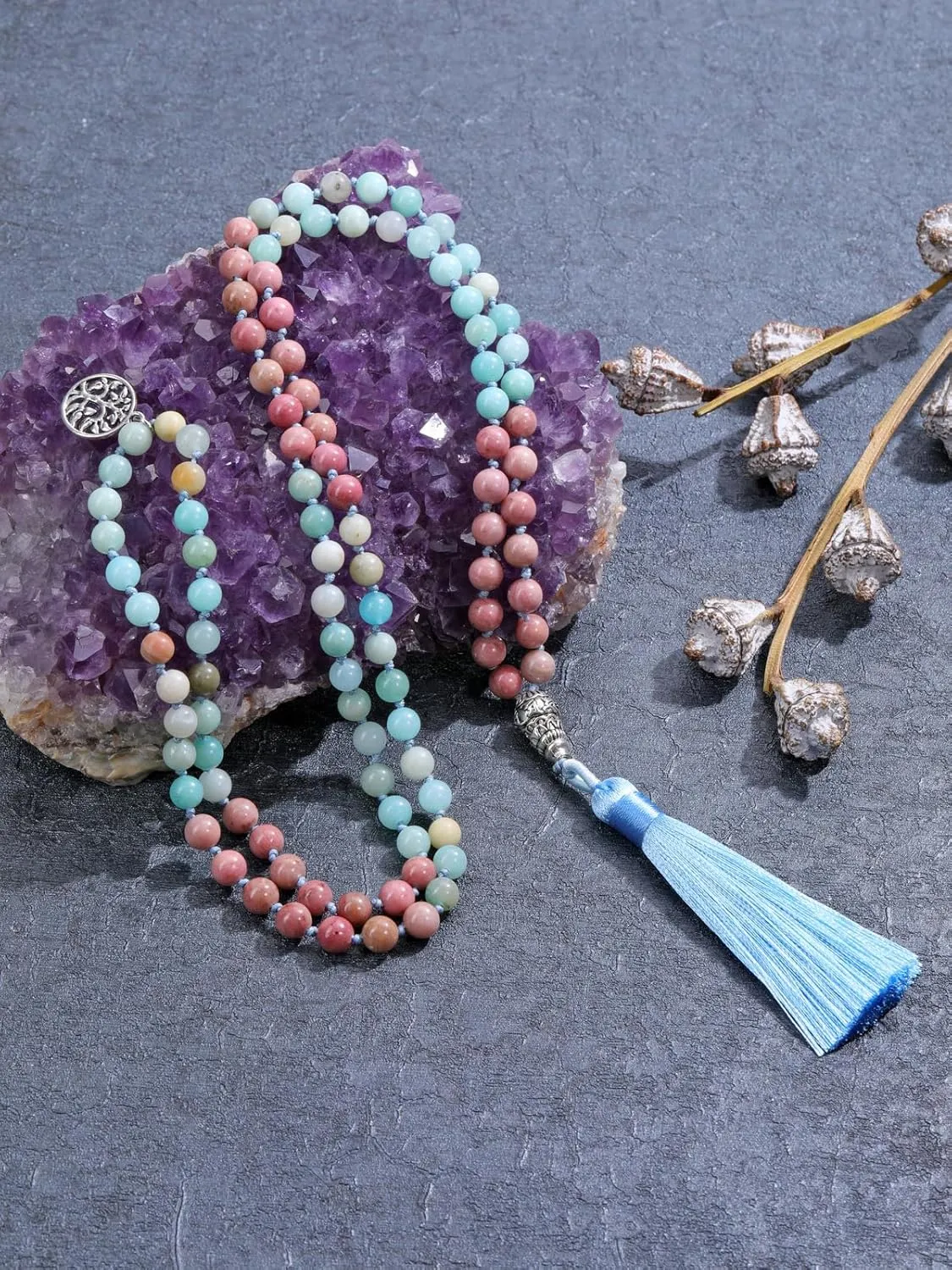 Top Plaza Womens 108 Mala Prayer Beads Wrap Necklace with Long Tassel Healing Crystal Stone Necklaces Yoga Meditation Reiki Quartz Jewelry