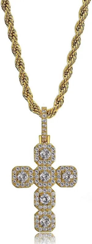TOPGRILLZ Solid Tennis Cross Pendant 14K Gold Plated Iced Out Necklace Pendant Chain for Men and Women Fashion Gift